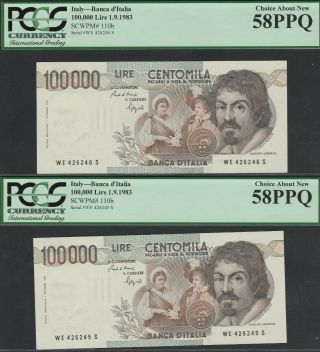 Italy 100000 Lire 1983,  P110b,  Consecutive Pcgs Au 58