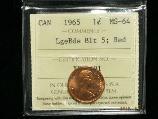 1965 - Large Bead Blunt 5 - Canadian One Cent - Iccs Graded Ms - 64 Red