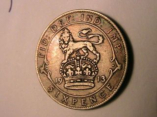 1913 GREAT BRITAIN Sixpence VF British UK 6 Pence George V Silver Coin 3