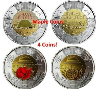 4 Canada Coins: 2019 D - Day & 2018 Armistice Color & No - Color Toonie $2 Bu Unc
