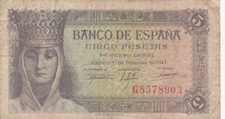 5 Pesetas Vg Banknote From Spain 1943 Pick - 127