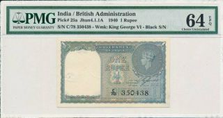 Government Of India India 1 Rupee 1940 Black S/no.  Pmg 64epq