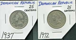 Dominican Republic - Two Historical 25 Centavos,  Silver 1937 & 1972