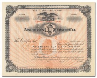 American Lux Light Company Stock Certificate (railway Lanterns)