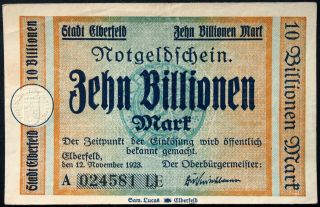 Elberfeld 1923 10 Trillion Mark Weimar Hyperinflation German Notgeld Banknote