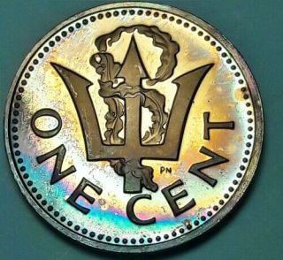 1973 Barbados One Cent Bu Unc Rainbow Color Toned Coin 21