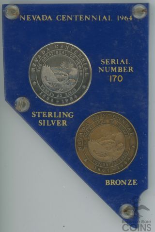 1864 - 1964 Nevada Centennial Sterling Silver And Bronze Medal Set In Case 170
