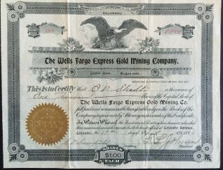 Wells Fargo Express Gold Mining Company Stock 1896.  Cripple Creek,  Colorado.