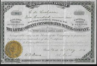 Little Corinne Consolidated Mining Co Stock 1881.  Leadville,  Co.  Silver & Gold