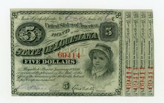 1876 $5 The State Of Louisiana Baby Bond W/ 4 Coupons Au