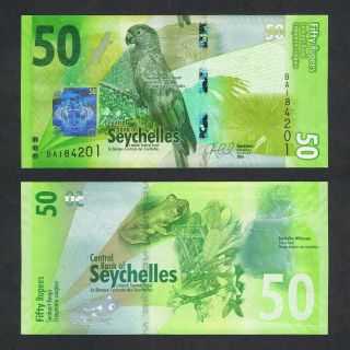 2016 Seychelles 50 Rupees P - 49 Unc Black Parrot Tree Frog White Eye Bird