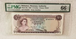 Bahamas,  Monetary Authority 1968 1/2 Dollar P 26a Pmg 66 Epq Gem Unc