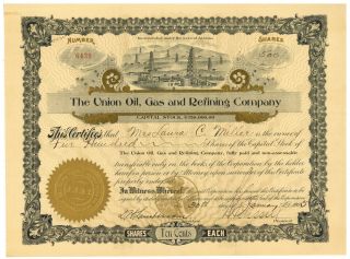 Union Gas,  Oil And Refining Company.  Stock Certificate.  Arizona.  1905