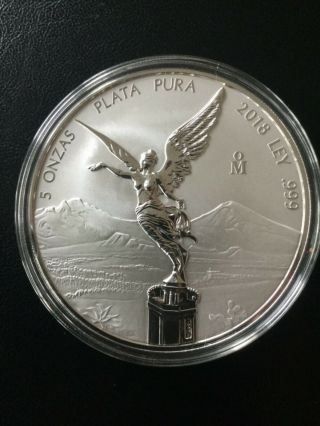 Libertad 5 Oz.  999 Silver Reverse Proof Mexico 2018 With Capsule - Choice Coin