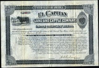 $1000 El Capitan Land And Cattle Co,  Bond,  Lincoln Co,  Mexico,  1885,  Scarce