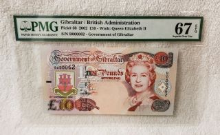 2002 Gibraltar British Administration Pick 30 10 Pounds Sterling Pmg 67 Epq