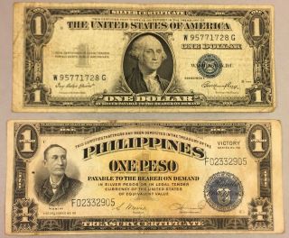 1944 - 1 One Silver Peso Philippians Victory & 1935 E Silver Certificate - Wwii