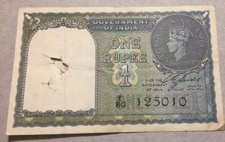 British India 1940 1 Rupee Banknote (p - 25a) Circulated - Low Grade E80 - 125010