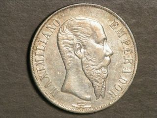 Mexico 1866mo 1 Peso Maximilian Silver Crown Xf - Au