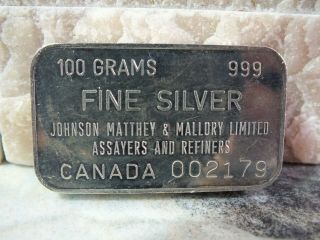 Johnson Matthey 100 Gram - Silver Bar 1974 Johnson Matthey & Mallory 002179