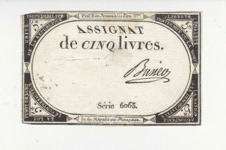 5 Livres Very Fine Crispy Banknote From French Revolution 1793 Pick - A76