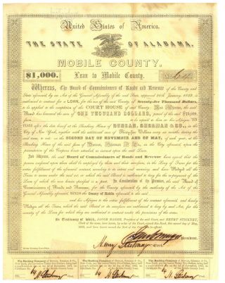 Mobile County State Of Alabama Loan $1,  000 Bond Certificate.  1853
