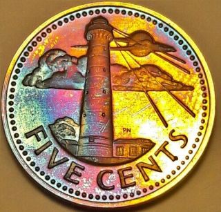 1974 Barbados One Cent Bu Unc Rainbow Color Toned Coin Wow 6