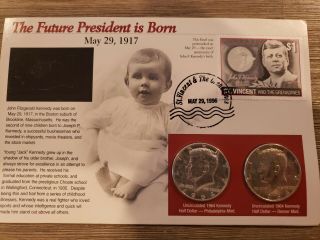 The Future President Is Born,  Coin And Stamp Panel Card 1964 P & D Half Dollar
