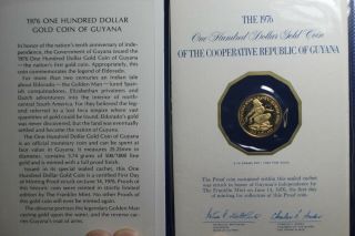 Guyana 1976 100 Dollars Proof Gold Coin Blue Folder