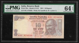 India Republic,  2011 10 Rupees Note Pmg Choice Unc 64 Epq Subbarao Sign P 95w