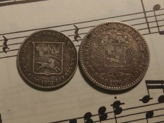 Venezuela Gr.  1.  250,  Gr.  2.  500 (5,  10 C) 1876 - A Y12.  2,  13.  1 Ag.  835 Very Rare Pair