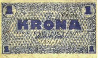Iceland 1 Krona Wwii Currency Banknote 1941