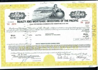 Te Vtg Stock Certificate - Realty And Mortgage Investors Of The Pacific $5000 6