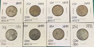 8 - Canadian Silver Quarters 1938 39 40 41 42 43 44 45 Estate