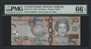 2010 Cayman Islands $25 Dollars,  P - 41a D/1 Prefix,  Pmg 66 Epq Gem Unc,  Qeii