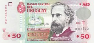 50 Pesos Unc Crispy Banknote From Uruguay 2000 Pick - 84