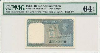 Government Of India India 1 Rupee 1940 George Vi.  Black S/no Pmg 64epq