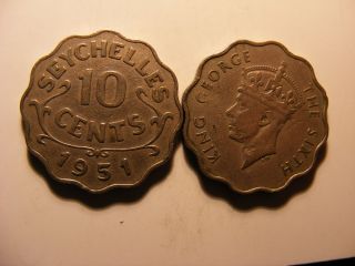 Seychelles 1951 10 Cents,  Average Circulated,  Km 1,  Mintage 36k,  One Year Type