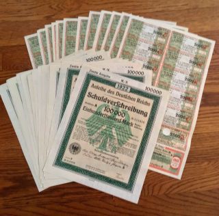 1922 German 100,  000 Mark Bond Cert & Coupons 15 Sequential Serial S