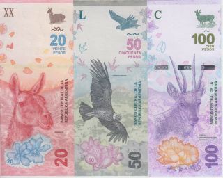 Argentina Banknote P.  Short Set 20 - 50 - 100 Pesos,  Fauna Series,  Unc