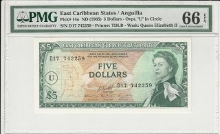 East Caribbean States / Anguilla 5 Dollars 1965 P - 14o Pmg Gem Unc 66 Epq