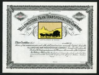 Mt.  Yellowstone Park Transportation Co 1900 - 1910 U/u Remainder Stock Cert