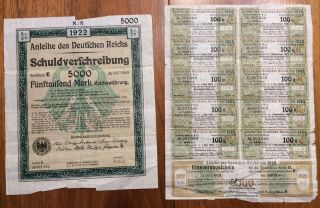 1922 German Empire 5000 Mark Bond Series E With Certificates Uncancelle
