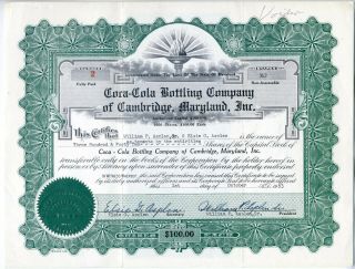 Coca - Cola Bottling Co.  Of Cambridge,  Maryland Stock Certificate - 1963