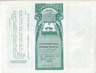 COCA - COLA BOTTLING Co.  of CAMBRIDGE,  MARYLAND Stock Certificate - 1963 2