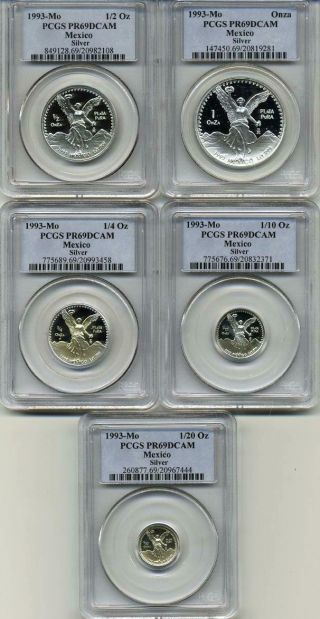 1993 Mo 1.  9 Onza Oz Silver Libertad Proof Set Pcgs Pr 69 Dcam 5 Coins