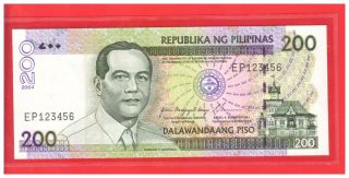 2004 Philippines 200 Peso Nds Arroyo,  Buenaventura Ladder No.  Note Ep 123456 Unc