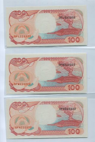 Indonesia 1992 Series 100 Rupiah Solid Number Ofl 222222,  Ofm 222222,  Ofn 222222