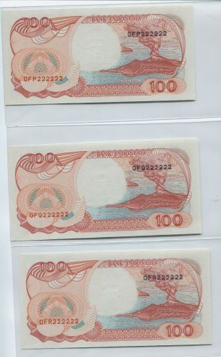 Indonesia 1992 Series 100 Rupiah Solid Number Ofp 222222,  Ofq 222222,  Ofr 222222