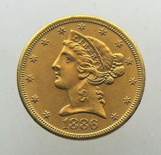 1886 - S $5 Five Dollar Gold Liberty Head Half Eagle Coin